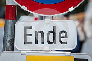 Roadsign in german language with the mention Ende. In German, Ende stands for the end