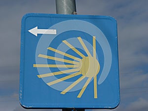 Roadsign on the Way of St. James `Jakobsweg` or `Camino Santiago` to Santiago de Compostela