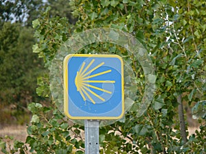 Roadsign on the Way of St. James `Jakobsweg` or `Camino Santiago` to Santiago de Compostela photo