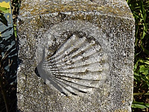 Roadsign on the Way of St. James `Jakobsweg` or `Camino Santiago` to Santiago de Compostela photo