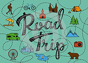 Roadtrip poster with a stylized map with points of interest and sighseeing for travelers