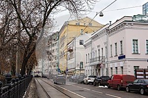 Roadway of Chistoprudny Boulevard in Moscow with old historical buildings.