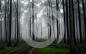Roadway in the dark forest surrounded by trees and thick fog