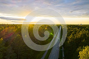 Roadway among golden green forest on bright sunset