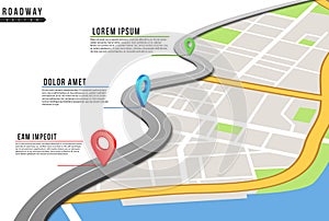 Roadway infographic. Locations map, highway pinned points with information. City map and navigation gps locations. Road