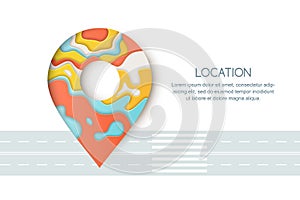 Roadway location, GPS navigation concept. Paper cut colorful illustration of pin map symbol, waypoint marker photo