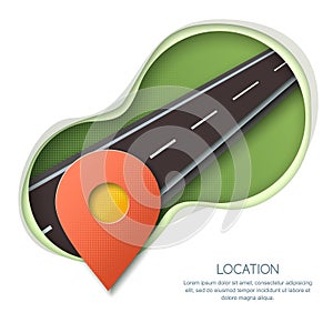 Roadway location and GPS navigation concept. Paper cut isolated illustration of pin map symbol, waypoint marker. photo