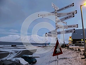 Roadway signpost in longyearbyen svalbard norway