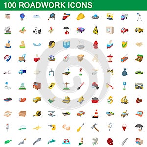 100 roadwork icons set, cartoon style photo