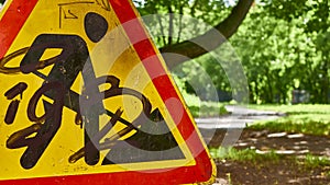 Roadworks sign. close up. color nature. day light