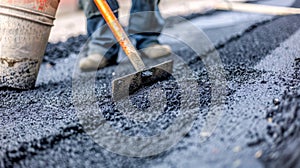 Roadworks underway Workers laying fresh asphalt in residential zone, Ai Generated