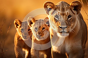 Roaming lions. captivating moments of a majestic family in their natural habitat on safari