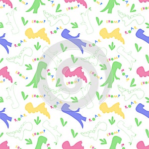 Roar and chomp. Dino pattern. Creative seamless tile with dinosaurs and letter in scandinavian style. Dino print textile.