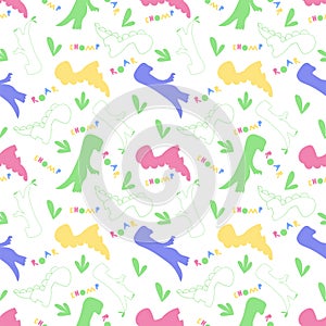 Roar and chomp. Dino pattern. Creative seamless tile with dinosaurs and letter in scandinavian style. Dino print textile. photo