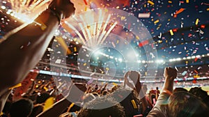 The roar of the crowd echoes through the stadium as confetti and fireworks punctuate their jubilation photo