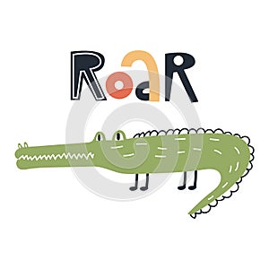 Roar - Cute kids hand drawn nursery poster with crocodile animal and lettering. Color vector illustration.