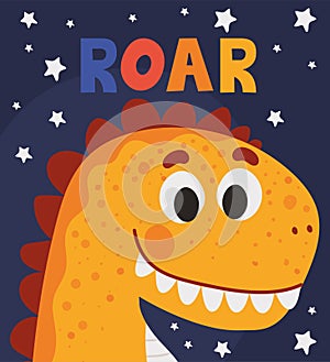 roar lettering and one kids illustration of a orange dinosaur