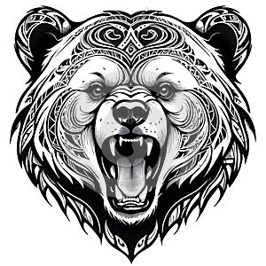 Roaring bear face tribal tattoo art with white and Transparent Background