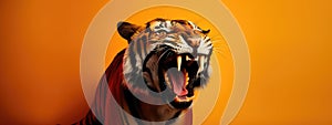 Roaring big tiger on bright orange background. Angry big cat