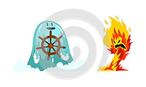 Roaring Fire and Water Fantastic Elemental Creature with Steering Wheel Vector Set