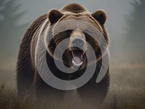 a roaring grizzly bear coming out of the fog