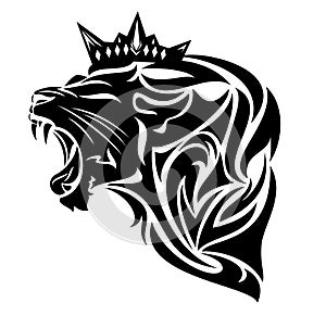Roaring king lion with royal crown black vector head design