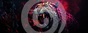 Roaring leopard in dark jungle with neon light