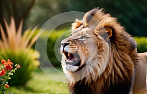 A roaring lion in the garden