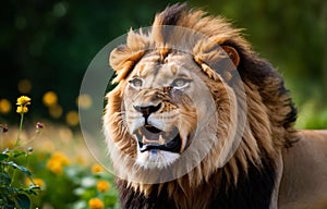 A roaring lion in the garden