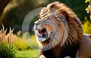 A roaring lion in the garden