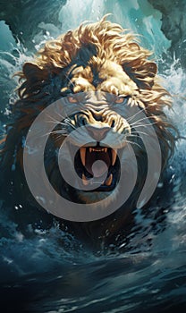 Roaring lion in the water.