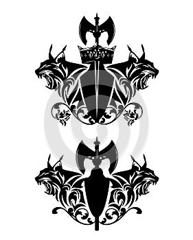 roaring lynx with viking battle axe, rose flowers and royal crown black and white vector heraldic design