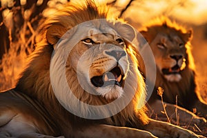 Roaring Majesty: Two Majestic Male Lions in Golden Savannah