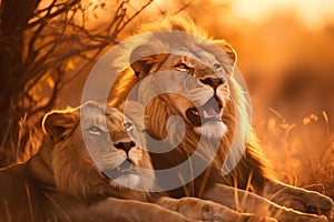 Roaring Majesty: Two Majestic Male Lions in Golden Savannah