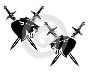 roaring panther cat and crossed swords black and white vector design set