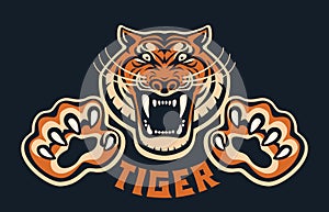 Roaring tiger head with clawed paws front view logo design template icon