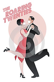 Roaring Twenties. Couple dancing charleston wearing retro clothes and face mask