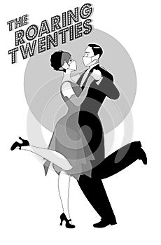 Roaring Twenties. Couple dancing charleston wearing retro clothes and face mask