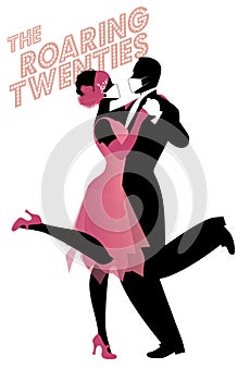 Roaring Twenties. Couple dancing charleston wearing retro clothes and face mask