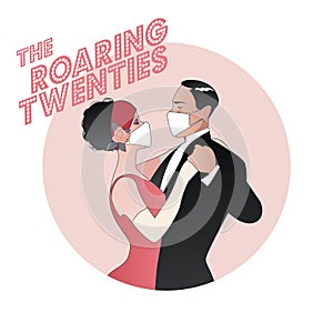 Roaring Twenties. Flapper girl and elegan man dancing, wearing retro clothes and face mask