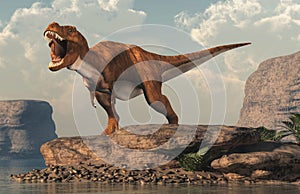 Roaring Tyrannosaurus Rex by an Arid Lake