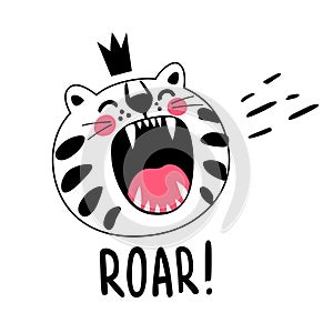 Roaring white striped cat with crown on head. Tiger baby is naughty, playing pranks, getting cranky.