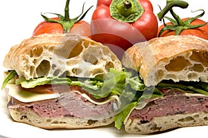 Roast beef boursin cheese ciabatta bread sandwich