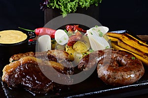 roast beef with cheese bacon pork sausage roast potato and salad file mignon with salad