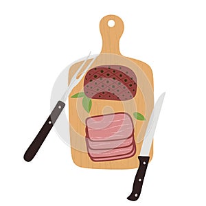 Roast beef cut on wooden cutting board with knife. Big slice of smoked pork ham