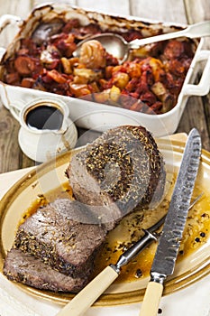 Roast beef joint with roast vegetables