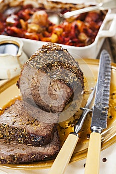 Roast beef joint with roast vegetables