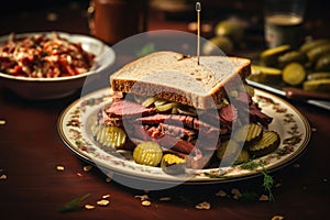 roast beef sandwich with pickles on a plate