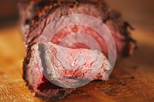 Roast beef steak, perfectly sous vide cooked and grilled photo