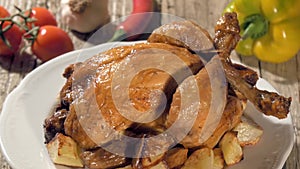 Roast chicken with baked potatoes on white plate rotating